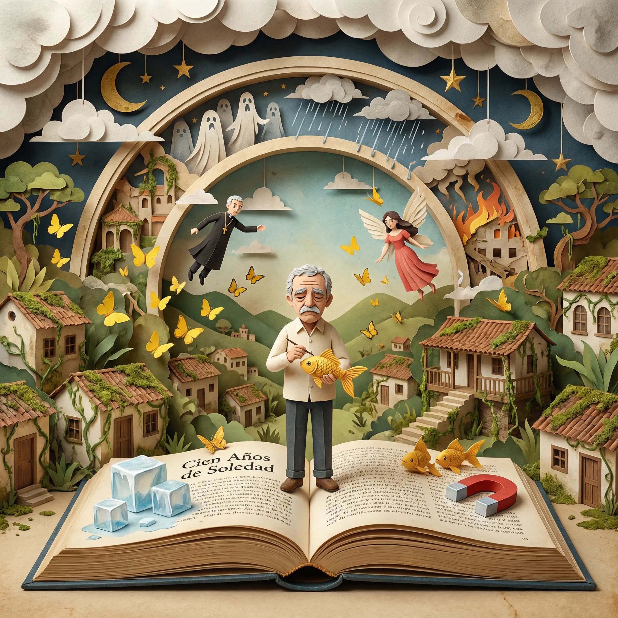 MANY YEARS LATER as he faced the firing squad, Colonel Aureliano Buendia was to remember that distant afternoon when his father took him to discover ice. At that time Macondo was a village of twenty adobe houses, built on the bank of a river of clear water that ran along a bed of polished stones, which were white and enormous, like prehistoric eggs.The world was so recent that many things lacked names, and in order to indicate them it was necessary to point. Every year during the month of March a family of ragged gypsies would set up their tents near the village, and with a great uproar of pipes and kettledrums they would display new inventions.First they brought the magnet. A heavy gypsy with an untamed beard and sparrow hands, who introduced himself as Melquíades, put on a bold public demonstration he himself called the eighth wonder of the learned alchemists of Macedonia. He went from house to house dragging two metal ingots and everybody was amazed to see pots,pans, tongs, and braziers tumble down from their places and beams creak from the desperation of nails and screws trying to emerge, and even objects that had been lost for a long time appeared from where they had been searched for most and went dragging along in turbulent confusion behind Melquíades' magical irons."Things have a life of their own," the gypsy proclaimed with a harsh accent. "It's simply a matter of waking up their souls." José Arcadio Buendía, whose unbridled imagination always went beyond the genius of nature and even beyond miracles and magic,thought that it would be possible to make use of that useless invention to extract gold from the bowels of the earth. Melquíades, who was an honest man, warned him: "It won't work for that." But José Arcadio Buendía at that time did not believe in the honesty of gypsies, so he traded his mule and a pair of goats for the two magnetized ingots.Úrsula Iguarán, his wife, who relied on those animals to increase their poor domestic holdings, was unable to dissuade him. "Very soon we'll have gold enough and more to pave the floors of the house," her husband replied. For several months he worked hard to demonstrate the truth of his idea.He explored every inch of the region, even the riverbed, dragging the two iron ingots along and reciting Melquíades' incantation aloud. The only thing he succeeded in doing was to unearth a suit fifteenth-century armor which had all of its pieces soldered together with rust and inside of which therewas the hollow resonance of an enormous stone-filled gourd. When José Arcadio Buendía and the four men of his expedition managed to take the armor apart, they found inside a calcified skeleton with a copper locket containing a woman's hair around its neck.