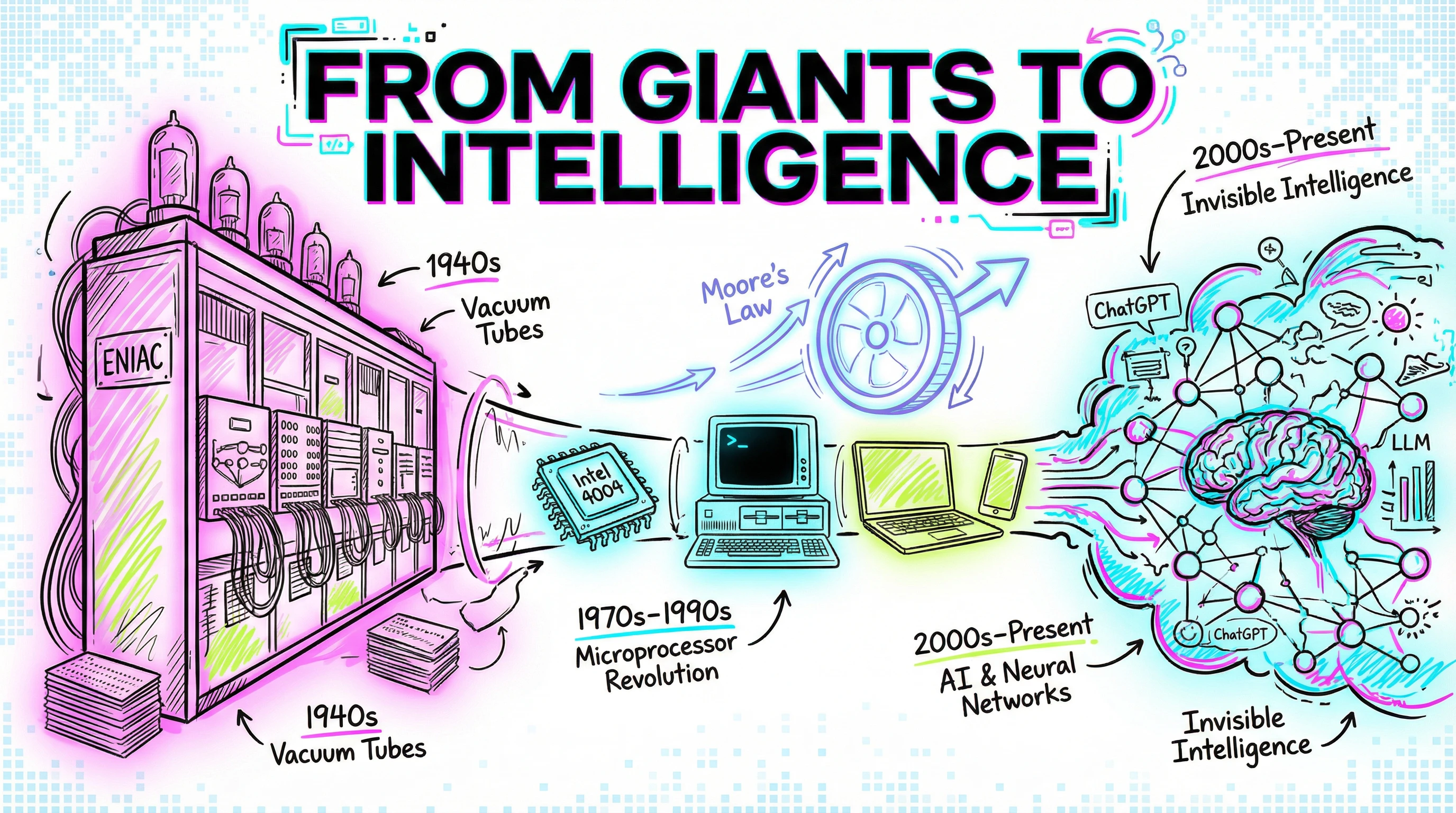 "An informational video showcasing the history of computer development, visually evolving from massive vintage mainframes of the 1940s to early personal computers, and finally to the modern era of Artificial Intelligence."
