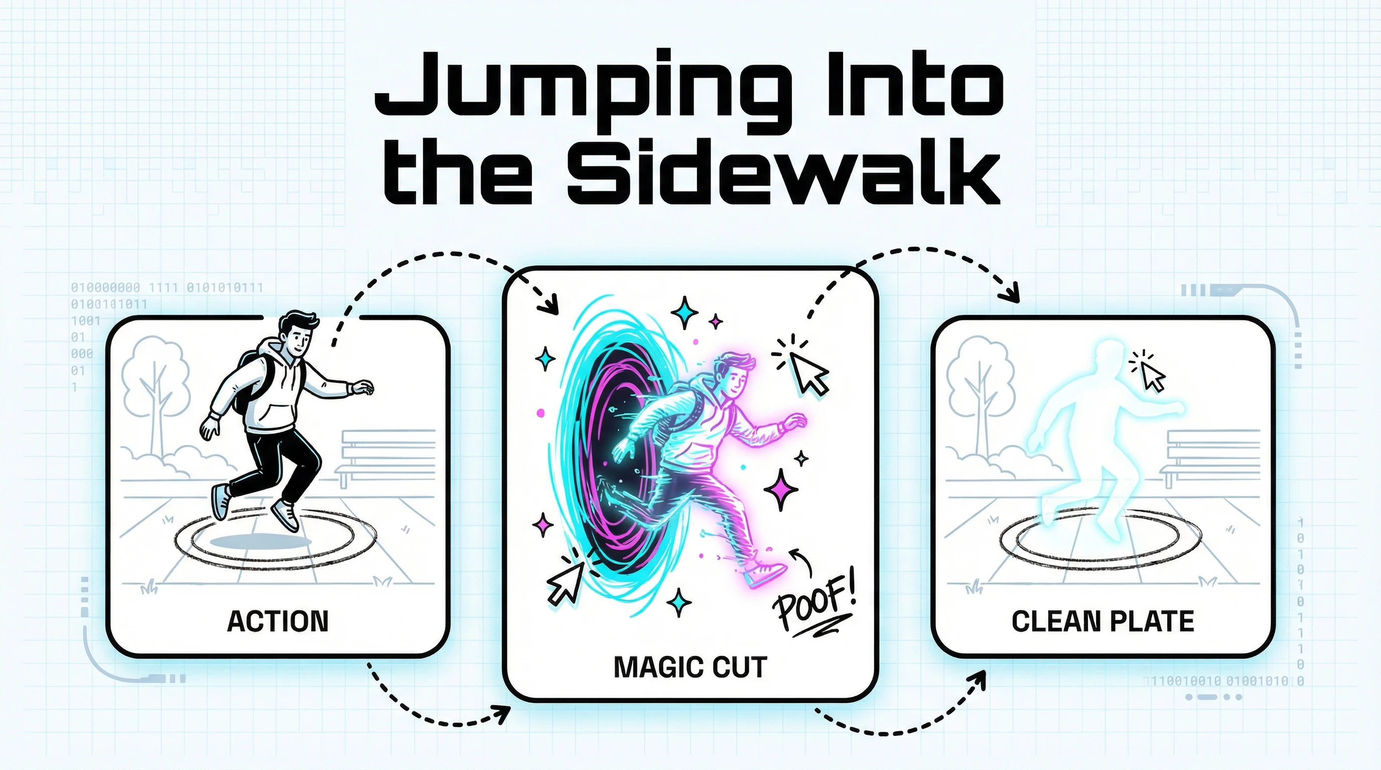 "Zach King style, a man jumping into a chalk drawing on the sidewalk and disappearing, seamless visual effect, bright daylight, park background."