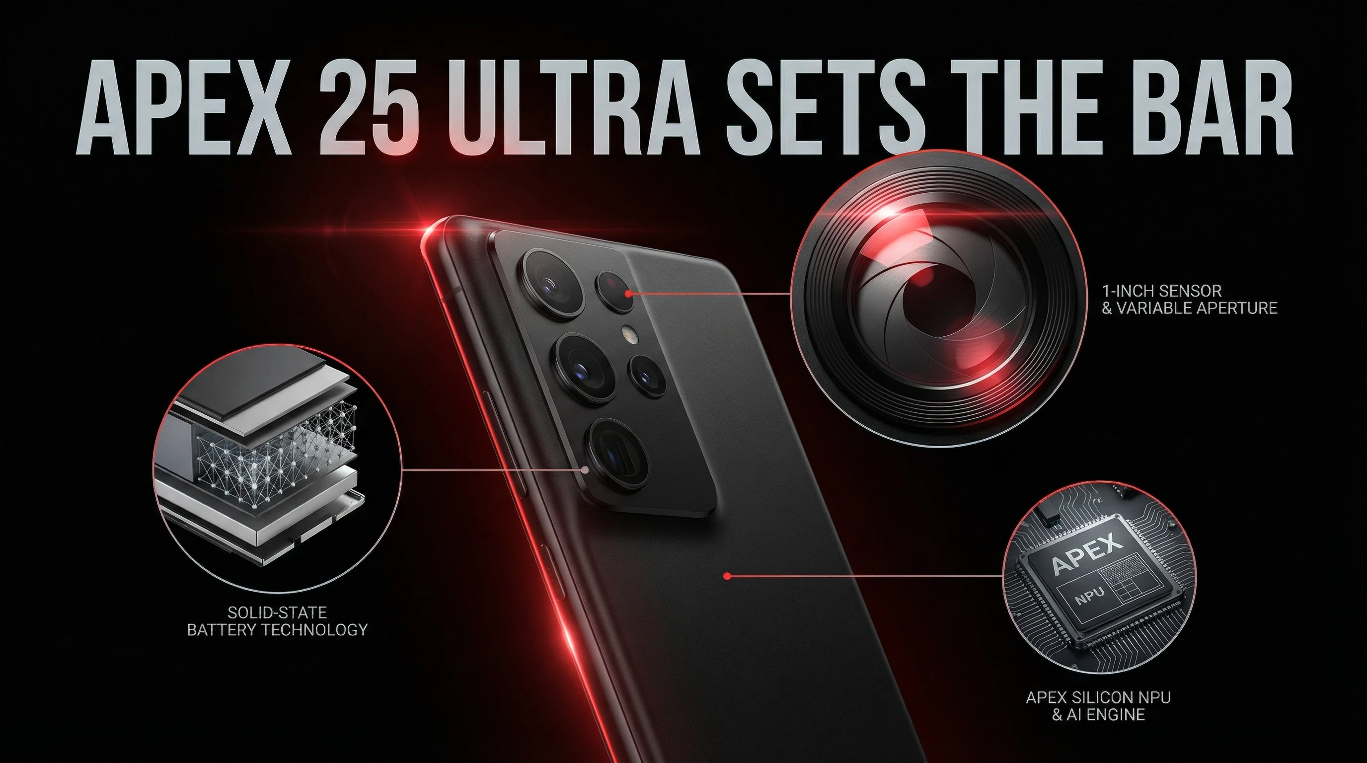 "MKBHD style tech review, matte black smartphone on a dark desk, red rim light, moody lighting, robotic camera slide, extreme macro detail of the camera lens, 8k resolution."

