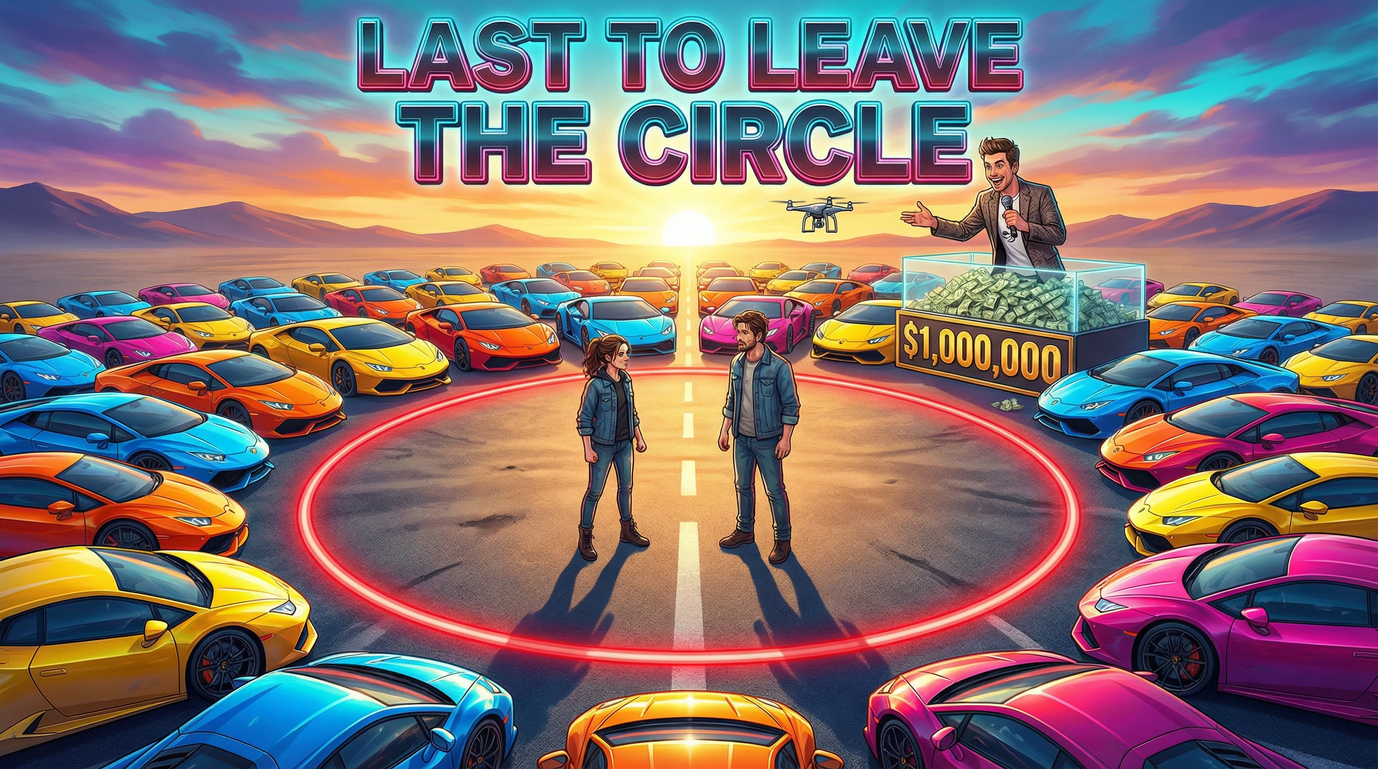 【Global Instructions】

Theme: Last to Leave the Circle of Lamborghinis Wins $1M.
Style Keywords: Mr.Beast Style, Viral YouTube Thumbnail Aesthetic, High Saturation, Wide Angle, Exaggerated Expressions, 4K Sharpness, Hyper-realistic.
Color Palette: Cyan and Magenta highlights with bright Lamborghini Yellow.
Audience: Gen Z, thrill-seekers, social media users.
Total Shots: 11 Scenes.

【Detailed Script & Visual Prompts】
Scene 1: [The Hook]

Script/Voiceover: "I just surrounded these people with 100 Lamborghinis!"
Visual Description: Mr.Beast (Jimmy) stands in the center of the frame with his signature shocked expression, mouth open, arms wide. The background is a massive circular plaza packed with colorful Lamborghini supercars. The lighting is bright sunlight, colors are extremely vibrant.
Camera Movement: Fast Dolly Zoom (Vertigo Effect) to reveal the scale.

Scene 2: [The Stakes]

Script/Voiceover: "And the last one to leave the circle keeps ALL this money!"
Visual Description: Close-up shot. A mountain of stacked $100 bills inside a glass case. A shiny golden sign reads "$1,000,000" in the middle. The background is blurred, showing the longing eyes of contestants.
Camera Movement: Rapid Orbit around the money.

Scene 3: [The Setup]

Script/Voiceover: "The rules are simple: Step outside the red line, and you're eliminated."
Visual Description: Top-down drone shot. A thick bright red circle painted on the asphalt. Inside the circle are 50 contestants wearing different colored t-shirts. They are tightly surrounded by a wall of luxury cars.
Camera Movement: Static top-down view with a glowing VFX appearing on the red line.

Scene 4: [Action Starts]

Script/Voiceover: "GO!"
Visual Description: GoPro Fisheye lens view. Contestants are packed in a tight space. Chaos ensues—some are doing pushups, others are dancing, the atmosphere is high-energy and crowded.
Camera Movement: Handheld shakiness to simulate chaos.

Scene 5: [The Temptation]

Script/Voiceover: "I'll give you a brand new Tesla if you leave right now!"
Visual Description: Jimmy holds a giant Tesla car key right in front of a hesitant contestant's face. The contestant is sweating profusely, eyes darting back and forth, looking conflicted.
Camera Movement: Extreme Close-up, racking focus between the key and the eyes.

Scene 6: [Time Lapse]

Script/Voiceover: "It's been 24 hours and people are falling asleep!"
Visual Description: Night scene. Giant stadium floodlights illuminate the area. Only 10 contestants remain. They are slumped on the ground, wrapped in silver thermal blankets, looking exhausted.
Camera Movement: Hyper-lapse showing the passage of time and shifting shadows.

Scene 7: [The Drama]

Script/Voiceover: "Oh no! He touched the line!"
Visual Description: A contestant rolls over in their sleep, and their heel barely touches the bright red boundary line. A red alarm light flares up immediately.
Camera Movement: Cinematic Slow Motion, focusing on the foot touching the line.

Scene 8: [Elimination]

Script/Voiceover: "You are OUT!"
Visual Description: Jimmy points dramatically outside the circle. A security guard in a black uniform (labeled "Beast Security") gently but firmly escorts the crying contestant away from the circle.
Camera Movement: Side tracking shot following them out.

Scene 9: [Final Two]

Script/Voiceover: "It all comes down to these two."
Visual Description: Split Screen. Left side: A determined college student. Right side: A young father gritting his teeth. Both are standing face-to-face, covered in sweat. Background features two golden Lamborghinis.
Camera Movement: Intense cutting back and forth, visual vibration/heartbeat effect.

Scene 10: [The Winner]

Script/Voiceover: (Loser yells) "I CAN'T TAKE IT ANYMORE! I QUIT!" ... (Winner screams) "YEAH!!"
Visual Description: The young father throws his hands up and walks away. The remaining student falls to his knees instantly. An explosion of colorful confetti fills the air. He is screaming in pure joy.
Camera Movement: Low angle hero shot looking up at the winner.

Scene 11: [Outro]

Script/Voiceover: "Subscribe or I'll shred this money! Bye!"
Visual Description: Jimmy brings his face extremely close to the camera lens. He holds a stack of cash over a paper shredder. A giant "SUBSCRIBE" graphic covers the bottom of the screen. He points at it.
Camera Movement: Fast Zoom in until the screen goes black.
