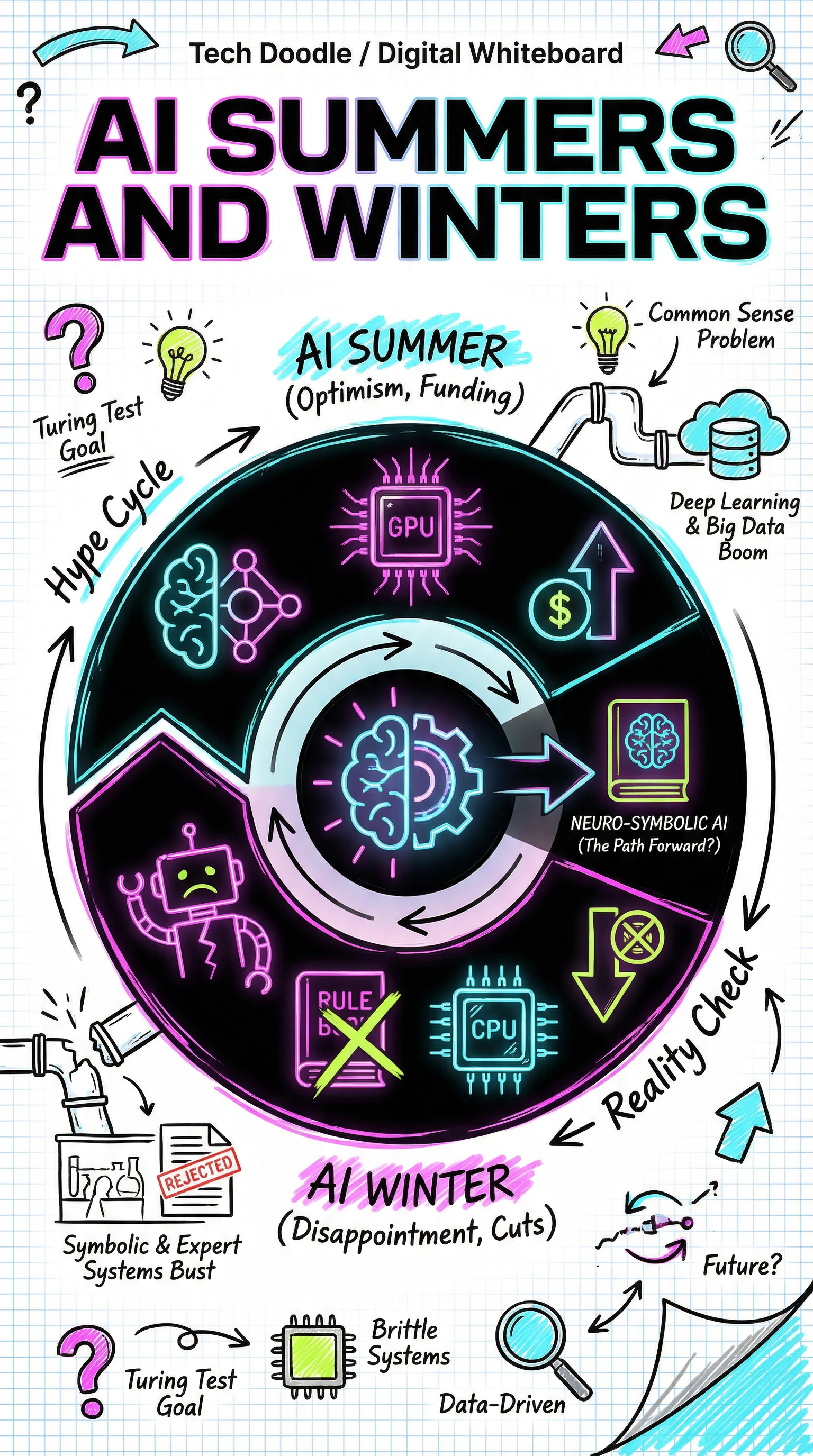 生成一页讲 AI 发展历史的，整体及其复杂的历史图解，一页就行。